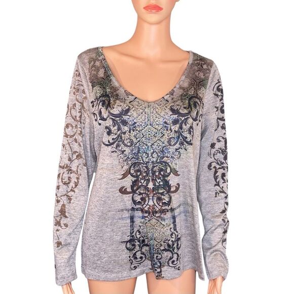 Live and Let Live Long Sleeve Top Beige Black Pattern Boho Womens Size Large - Picture 1 of 6